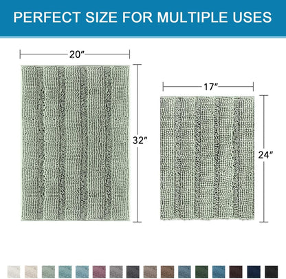 H.VERSAILTEX Sage Bathroom Rugs, Bath Mat Set of 2 Extra Thick Chenille Striped Pattern Shaggy Bath Rugs for Bath Room, Non Skid Bath Mats for Bathroom Floor (32 x 20 Plus 24 x 17 - Inches)