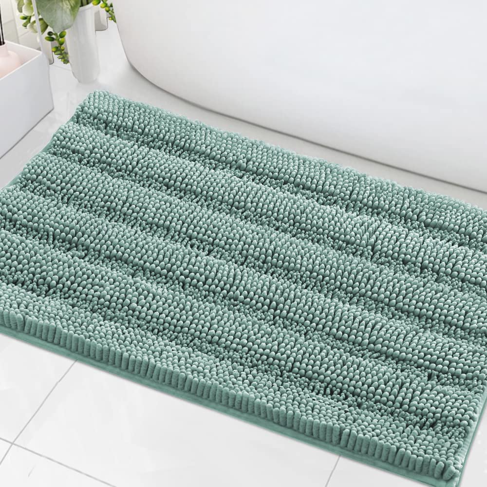 H.VERSAILTEX Bath Rugs for Bathroom Non Slip Bath Mats Extra Thick Chenille Striped Rug 20" x 32" Absorbent Non Skid Fluffy Soft Shaggy Washable Dry Fast Plush Mat for Indoor, Bath Room, Tub - Sage