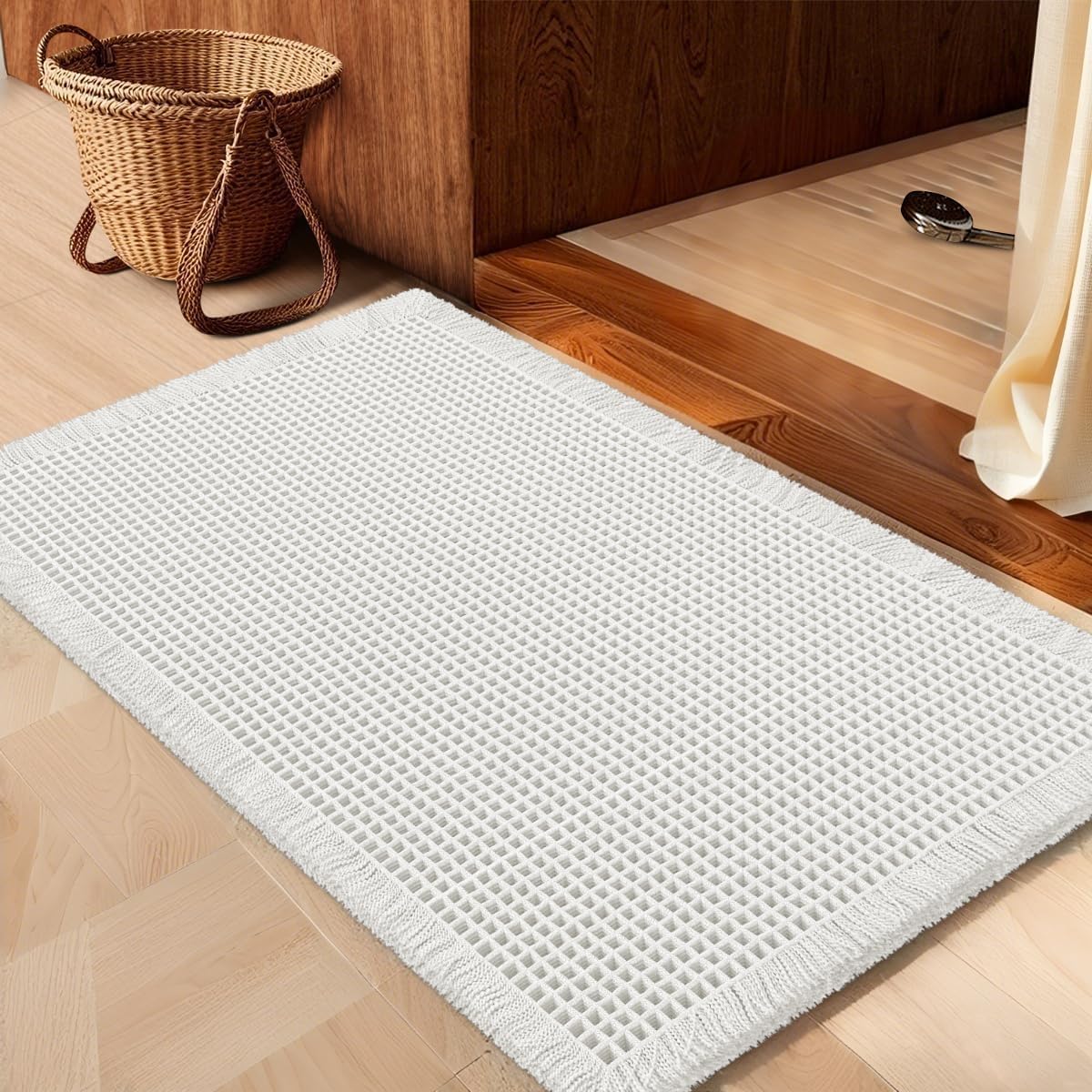 IM HOME Waffle Bath Mat Set 2 Piece Olive Green,Woven Modern Bath Rug Mats, Absorbent Non Slip Bath Floor Mat, Soft Washable Boho Bath Rugs with Tassels for Bathroom, Bedroom, Kitchen,Tub