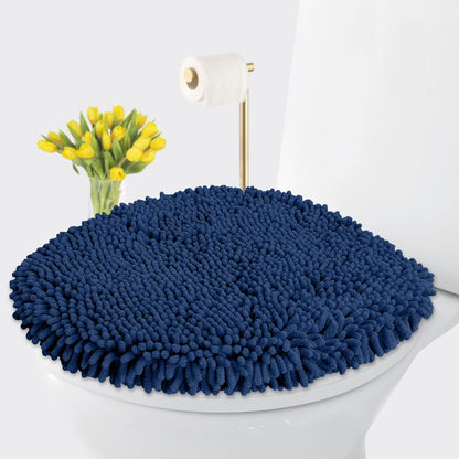 LuxUrux Toilet Lid Cover with Stretch Fit Elastic Band – Chenille Microfiber Toilet Seat Non-Slip Cover for Bathroom – Soft Plush, Machine Wash And Dry, Comfort & Clean Look (18 x 21'', Medium Blue)