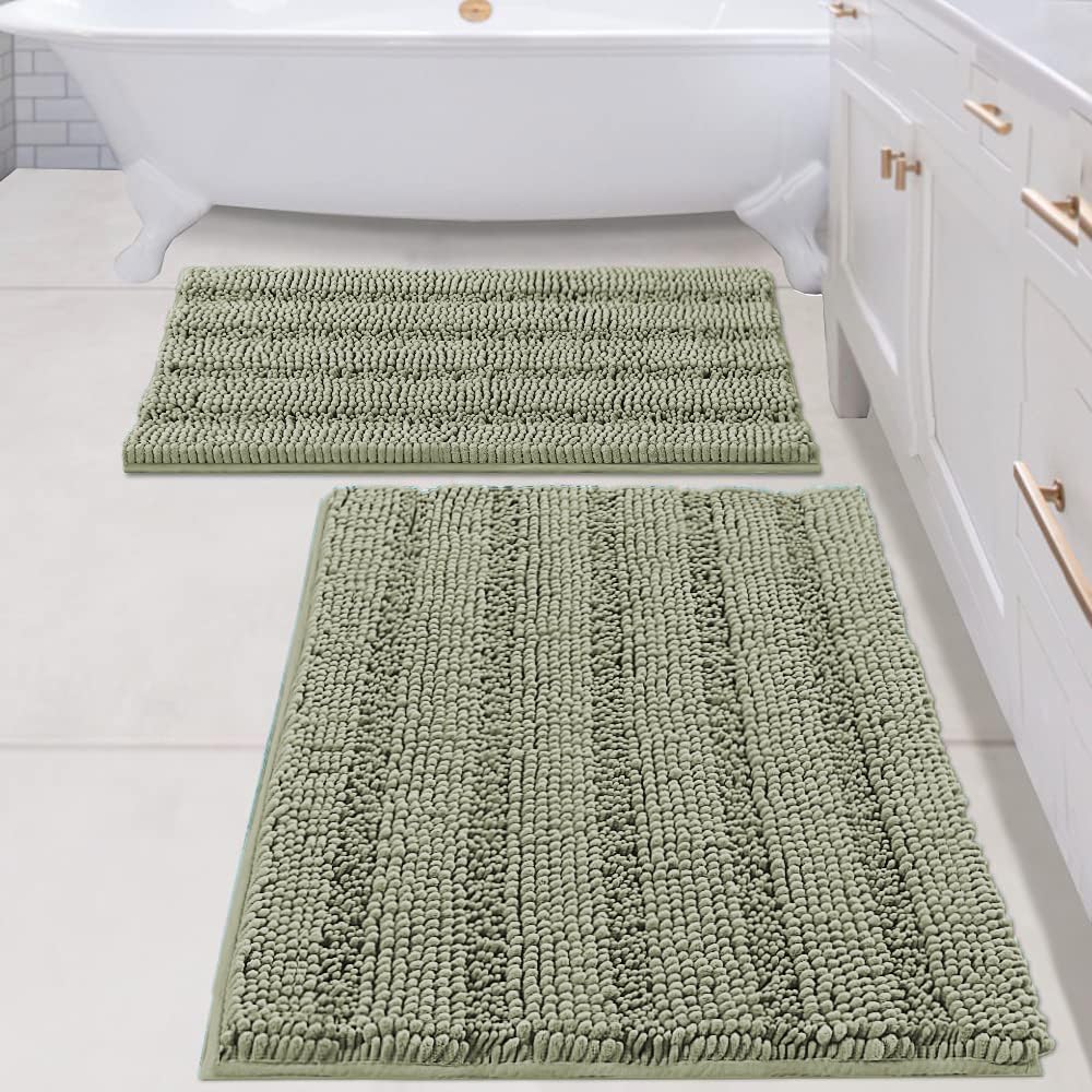 H.VERSAILTEX Bath Rugs for Bathroom Non Slip Bath Mats Extra Thick Chenille Striped Rug 20" x 32" Absorbent Non Skid Fluffy Soft Shaggy Washable Dry Fast Plush Mat for Indoor, Bath Room, Tub - Sage