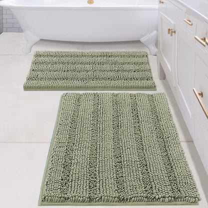 H.VERSAILTEX Bath Rugs for Bathroom Non Slip Bath Mats Extra Thick Chenille Striped Rug 20" x 32" Absorbent Non Skid Fluffy Soft Shaggy Washable Dry Fast Plush Mat for Indoor, Bath Room, Tub - Sage