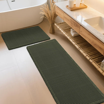 IM HOME Waffle Bath Mat Set 2 Piece Olive Green,Woven Modern Bath Rug Mats, Absorbent Non Slip Bath Floor Mat, Soft Washable Boho Bath Rugs with Tassels for Bathroom, Bedroom, Kitchen,Tub