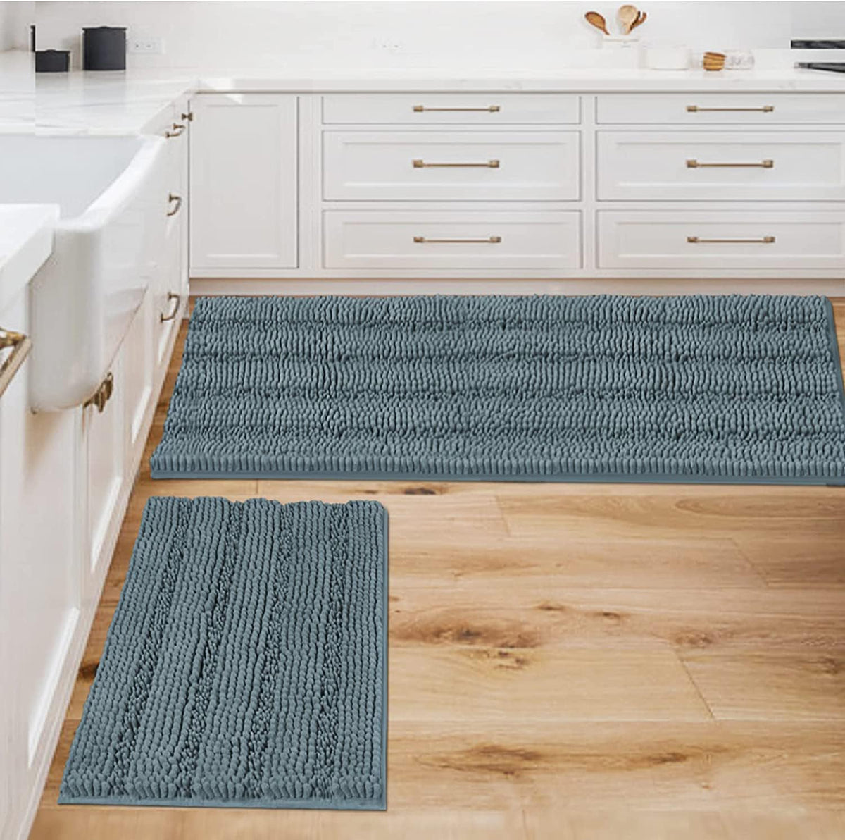 H.VERSAILTEX Bath Rugs for Bathroom Non Slip Bath Mats Extra Thick Chenille Striped Rug 20" x 32" Absorbent Non Skid Fluffy Soft Shaggy Washable Dry Fast Plush Mat for Indoor, Bath Room, Tub - Sage