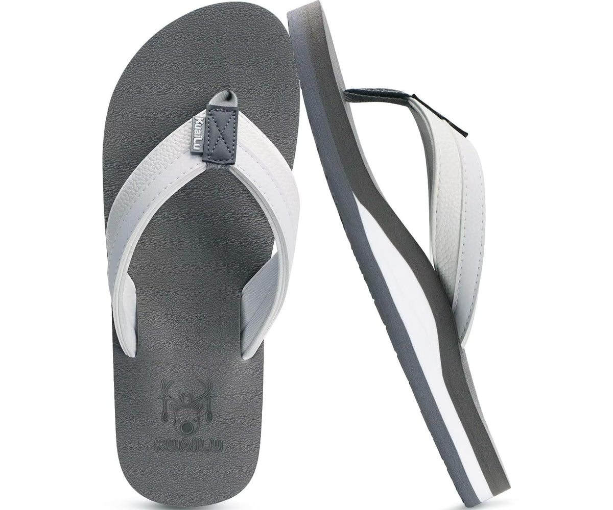 KuaiLu Mens Faux Leather Flip Flops with Comfortable Arch Support