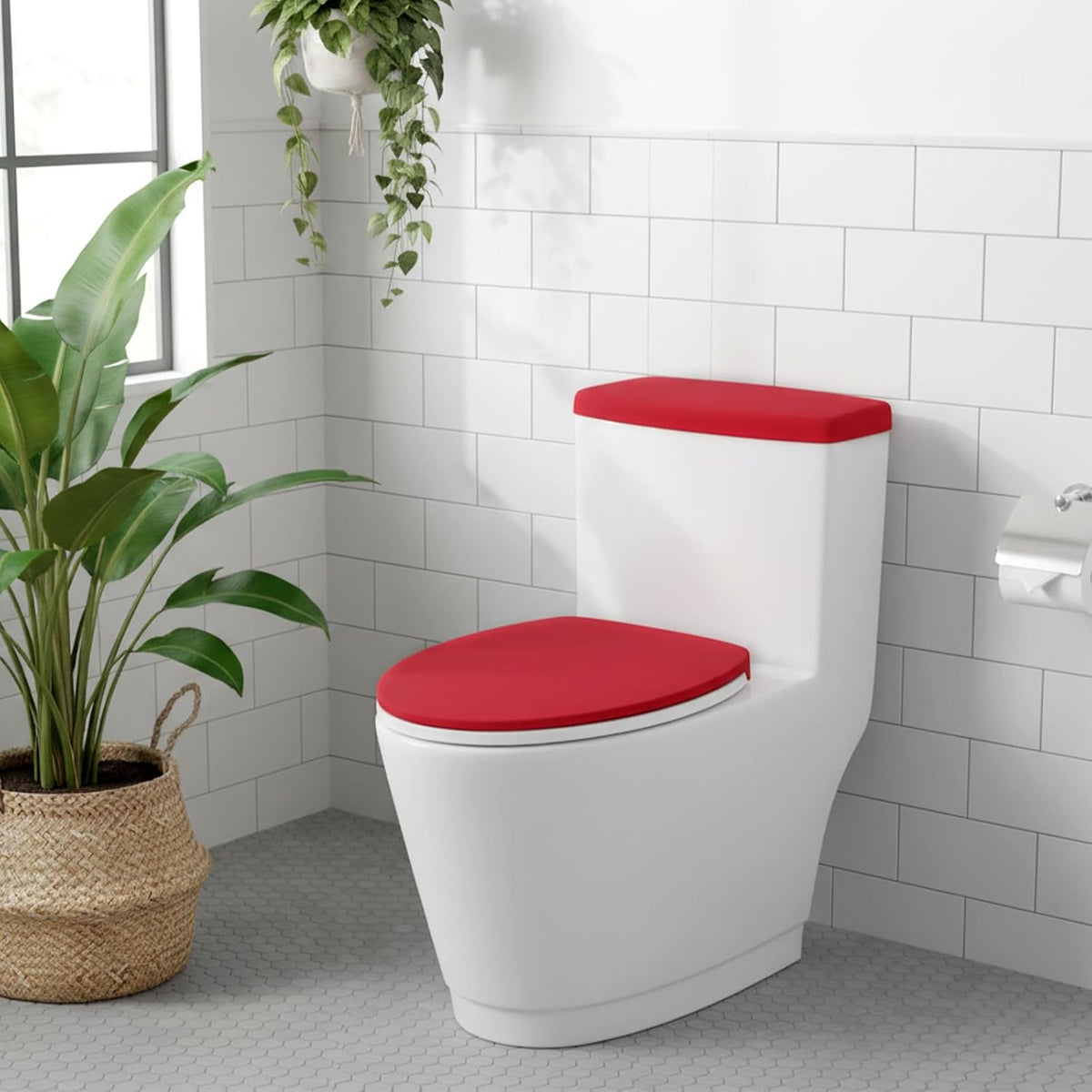 Red Toilet Seat Cover, Toilet Cover Set For Bathroom Super Soft Toilets Tank Covers Toilets Seat Covers Washable With Elastic Bottom Red Bathroom Accessories Fits Most Lids, Easy Installation Cleaning