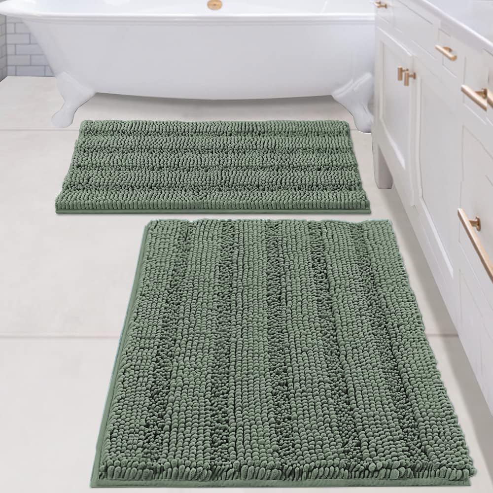 H.VERSAILTEX Bath Rugs for Bathroom Non Slip Bath Mats Extra Thick Chenille Striped Rug 20" x 32" Absorbent Non Skid Fluffy Soft Shaggy Washable Dry Fast Plush Mat for Indoor, Bath Room, Tub - Sage