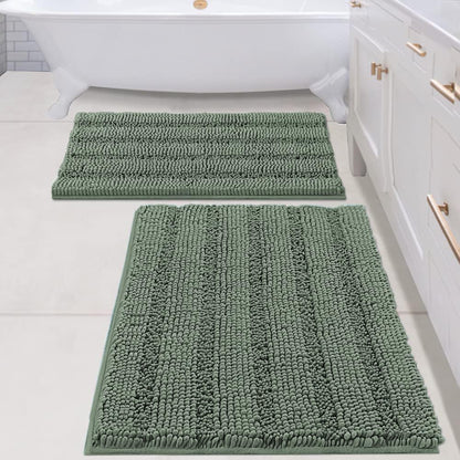 H.VERSAILTEX Bath Rugs for Bathroom Non Slip Bath Mats Extra Thick Chenille Striped Rug 20" x 32" Absorbent Non Skid Fluffy Soft Shaggy Washable Dry Fast Plush Mat for Indoor, Bath Room, Tub - Sage