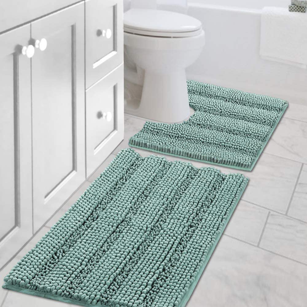 H.VERSAILTEX Bath Rugs for Bathroom Non Slip Bath Mats Extra Thick Chenille Striped Rug 20" x 32" Absorbent Non Skid Fluffy Soft Shaggy Washable Dry Fast Plush Mat for Indoor, Bath Room, Tub - Sage