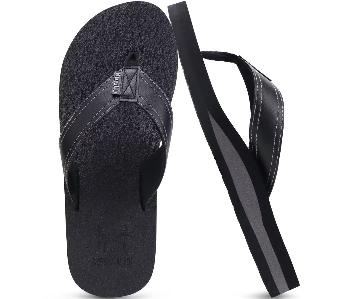 KuaiLu Mens Faux Leather Flip Flops with Comfortable Arch Support