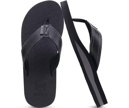 KuaiLu Mens Faux Leather Flip Flops with Comfortable Arch Support