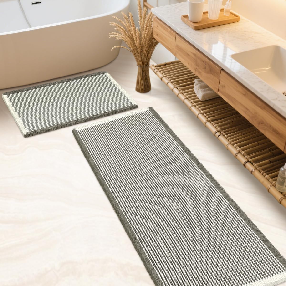 IM HOME Waffle Bath Mat Set 2 Piece Olive Green,Woven Modern Bath Rug Mats, Absorbent Non Slip Bath Floor Mat, Soft Washable Boho Bath Rugs with Tassels for Bathroom, Bedroom, Kitchen,Tub
