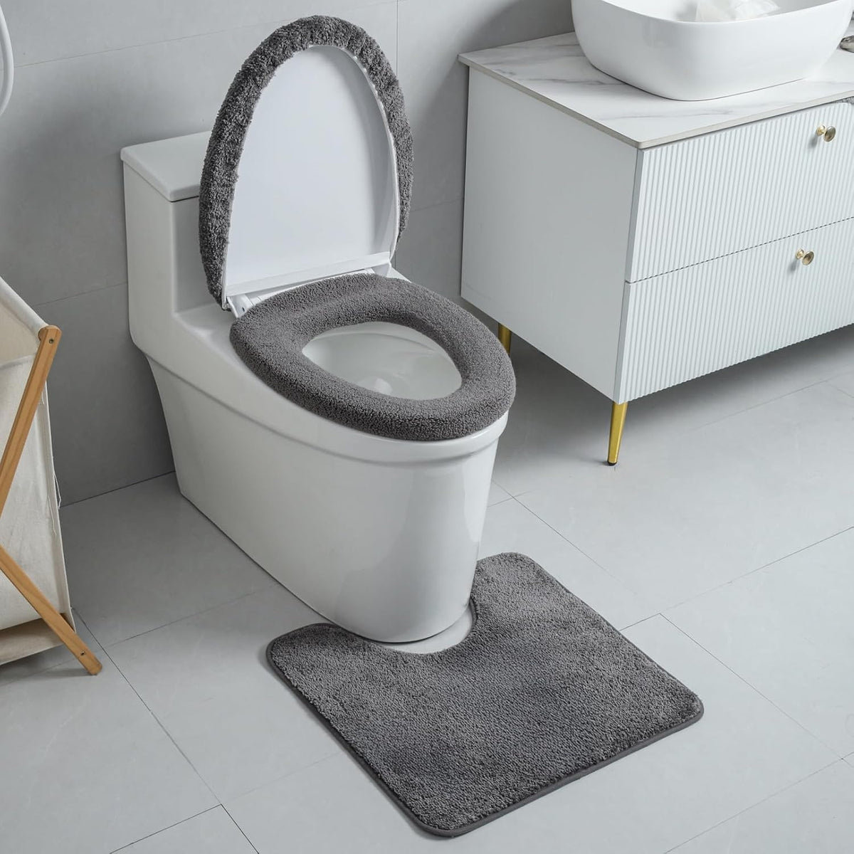 3piece Toilet Seat Cover Set - Toilet Seat Cover +Toilet Lid Cover + toilet rugs u shaped washable, Fits Most Elongated Round and Oblong Toilet(Machine Washable,Quick-Dry) grey