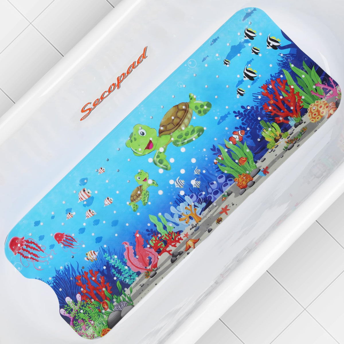 Secopad Bathtub Mat Non Slip, Cute Tub Mat, 40" x 16", Blue Sea Animals