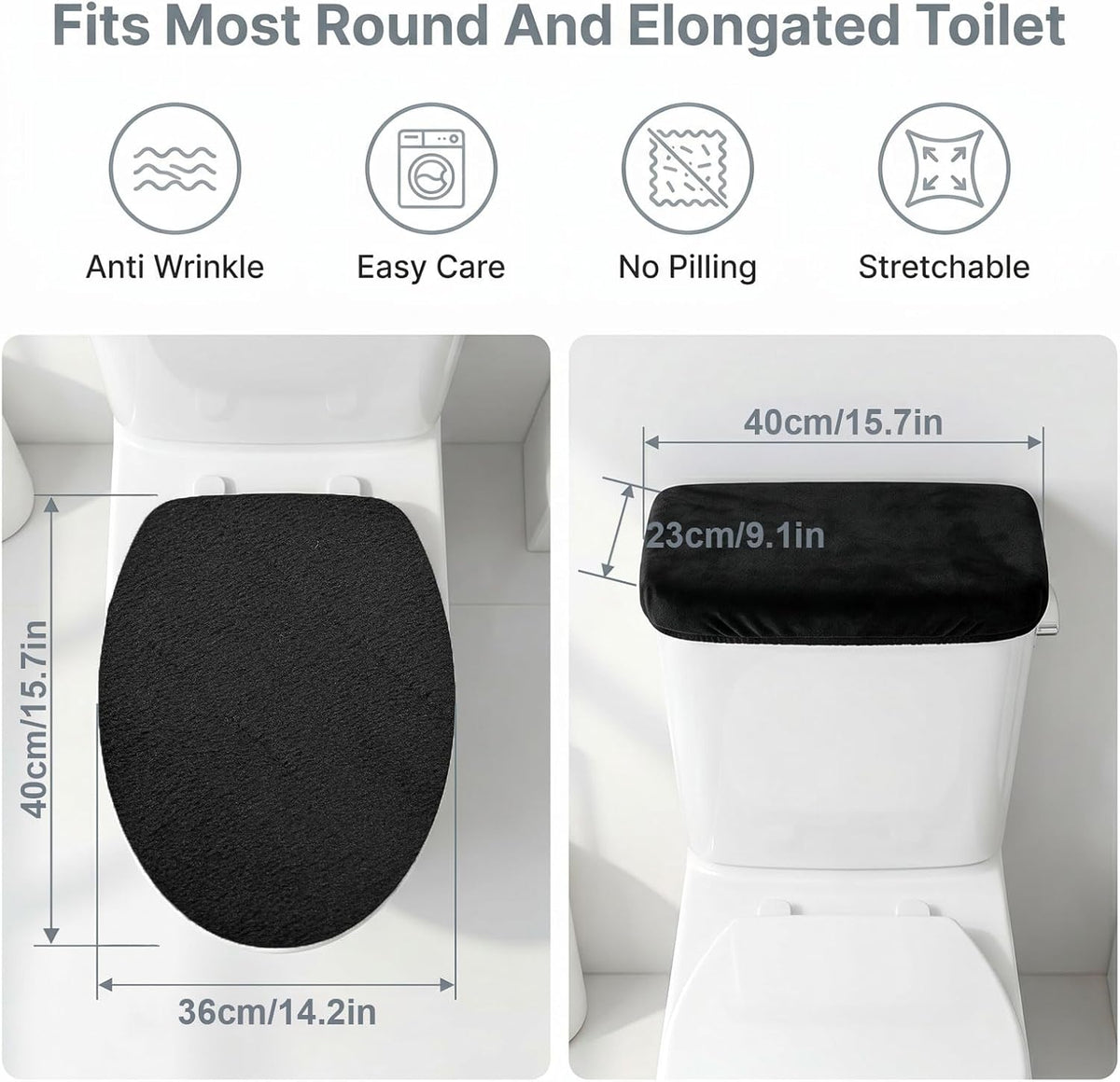 Toilet Seat Lid Cover, Mabor 2 Pcs Black Toilet Lid Covers, Elastic Bottom Tank Shroud, Stretchy Washable Top Mat Cloth Set for Bathroom