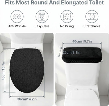 Toilet Seat Lid Cover, Mabor 2 Pcs Black Toilet Lid Covers, Elastic Bottom Tank Shroud, Stretchy Washable Top Mat Cloth Set for Bathroom