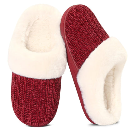 Evshine Women's Chenille Knit Fuzzy Slippers Memory Foam Warm House Shoes