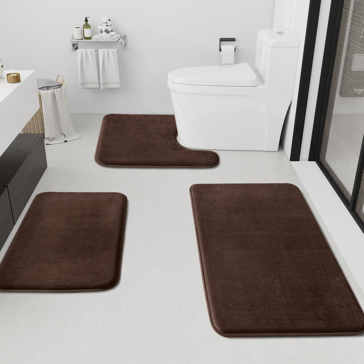 HUXMEYSON Bathroom Rugs Sets 3 Piece, Non-Slip & Quick Dry Bath Mat Set, Ultra Soft Velvet Bath Rugs for Bathroom, Toilet and Shower Floor, Grey