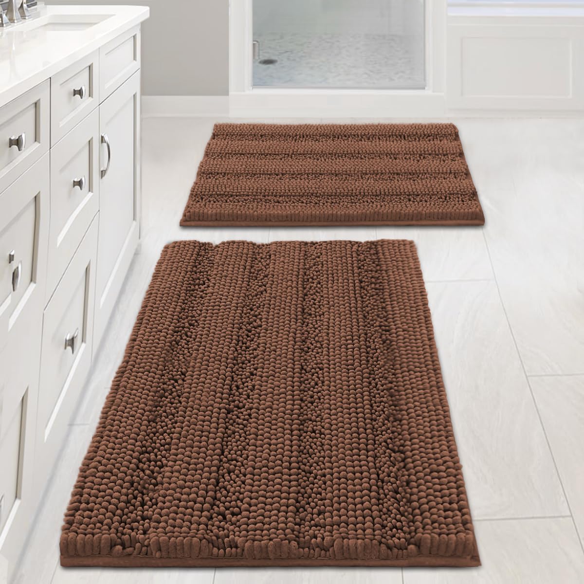 H.VERSAILTEX Sage Bathroom Rugs, Bath Mat Set of 2 Extra Thick Chenille Striped Pattern Shaggy Bath Rugs for Bath Room, Non Skid Bath Mats for Bathroom Floor (32 x 20 Plus 24 x 17 - Inches)