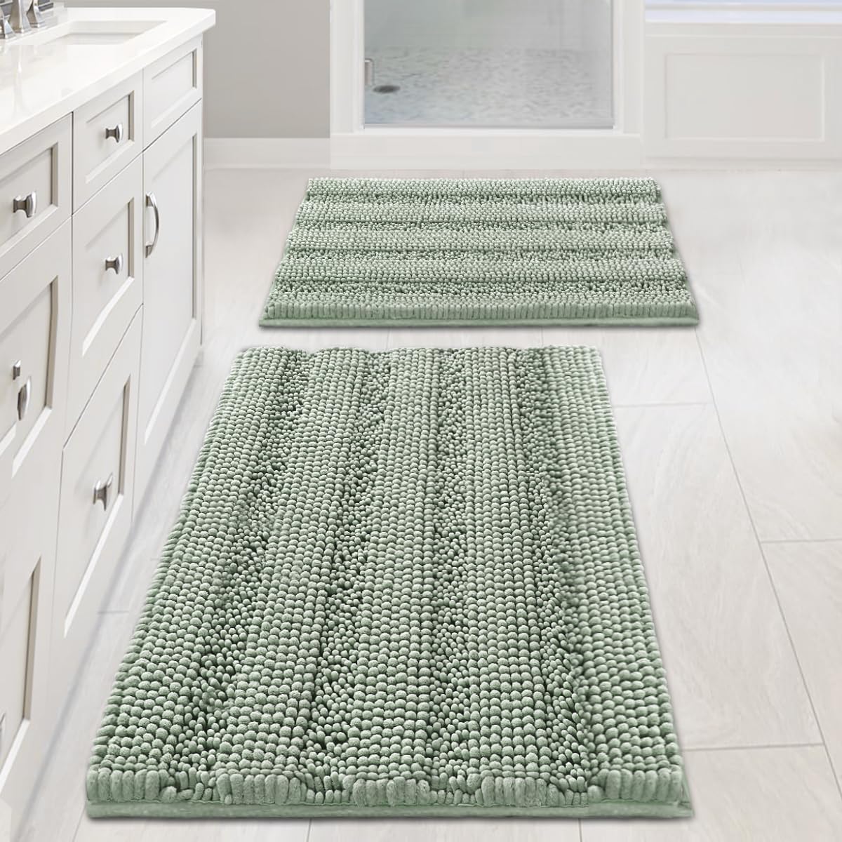 H.VERSAILTEX Bath Rugs for Bathroom Non Slip Bath Mats Extra Thick Chenille Striped Rug 20" x 32" Absorbent Non Skid Fluffy Soft Shaggy Washable Dry Fast Plush Mat for Indoor, Bath Room, Tub - Sage