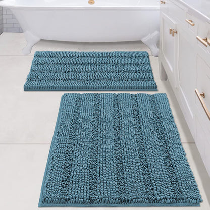 H.VERSAILTEX Sage Bathroom Rugs, Bath Mat Set of 2 Extra Thick Chenille Striped Pattern Shaggy Bath Rugs for Bath Room, Non Skid Bath Mats for Bathroom Floor (32 x 20 Plus 24 x 17 - Inches)