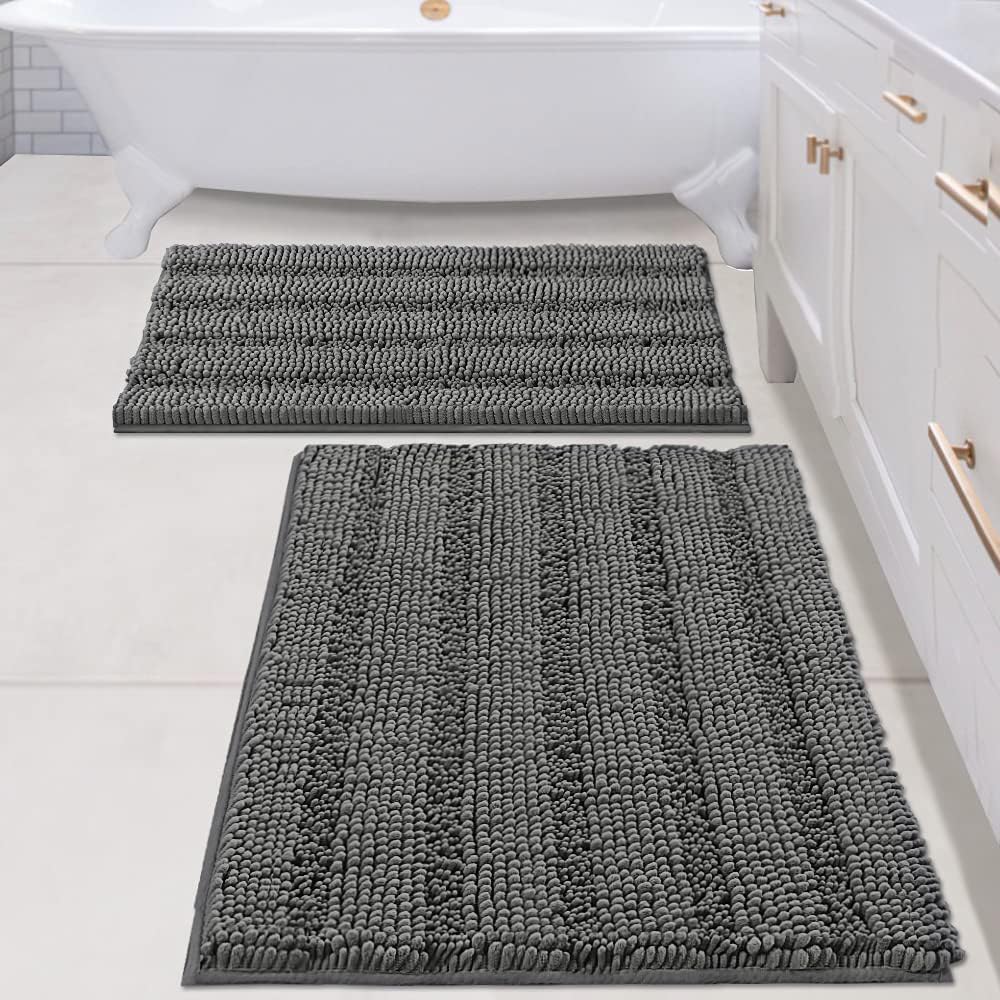 H.VERSAILTEX Bath Rugs for Bathroom Non Slip Bath Mats Extra Thick Chenille Striped Rug 20" x 32" Absorbent Non Skid Fluffy Soft Shaggy Washable Dry Fast Plush Mat for Indoor, Bath Room, Tub - Sage