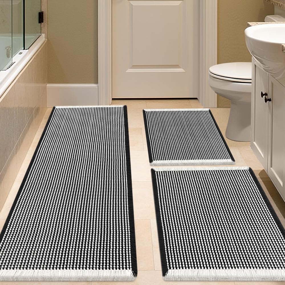 IM HOME Waffle Bath Mat Set 2 Piece Olive Green,Woven Modern Bath Rug Mats, Absorbent Non Slip Bath Floor Mat, Soft Washable Boho Bath Rugs with Tassels for Bathroom, Bedroom, Kitchen,Tub