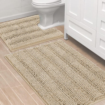 H.VERSAILTEX Sage Bathroom Rugs, Bath Mat Set of 2 Extra Thick Chenille Striped Pattern Shaggy Bath Rugs for Bath Room, Non Skid Bath Mats for Bathroom Floor (32 x 20 Plus 24 x 17 - Inches)
