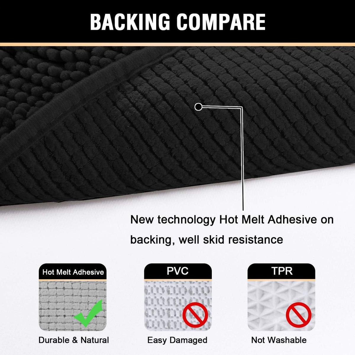 H.VERSAILTEX Bath Mat for Bathroom Non Slip Luxury Chenille Ultra Soft Bath Rugs 24x36 Absorbent Non Skid Shaggy Rugs Washable Dry Fast Plush Area Carpet Mats for Indoor, Bath Room, Tub - Black