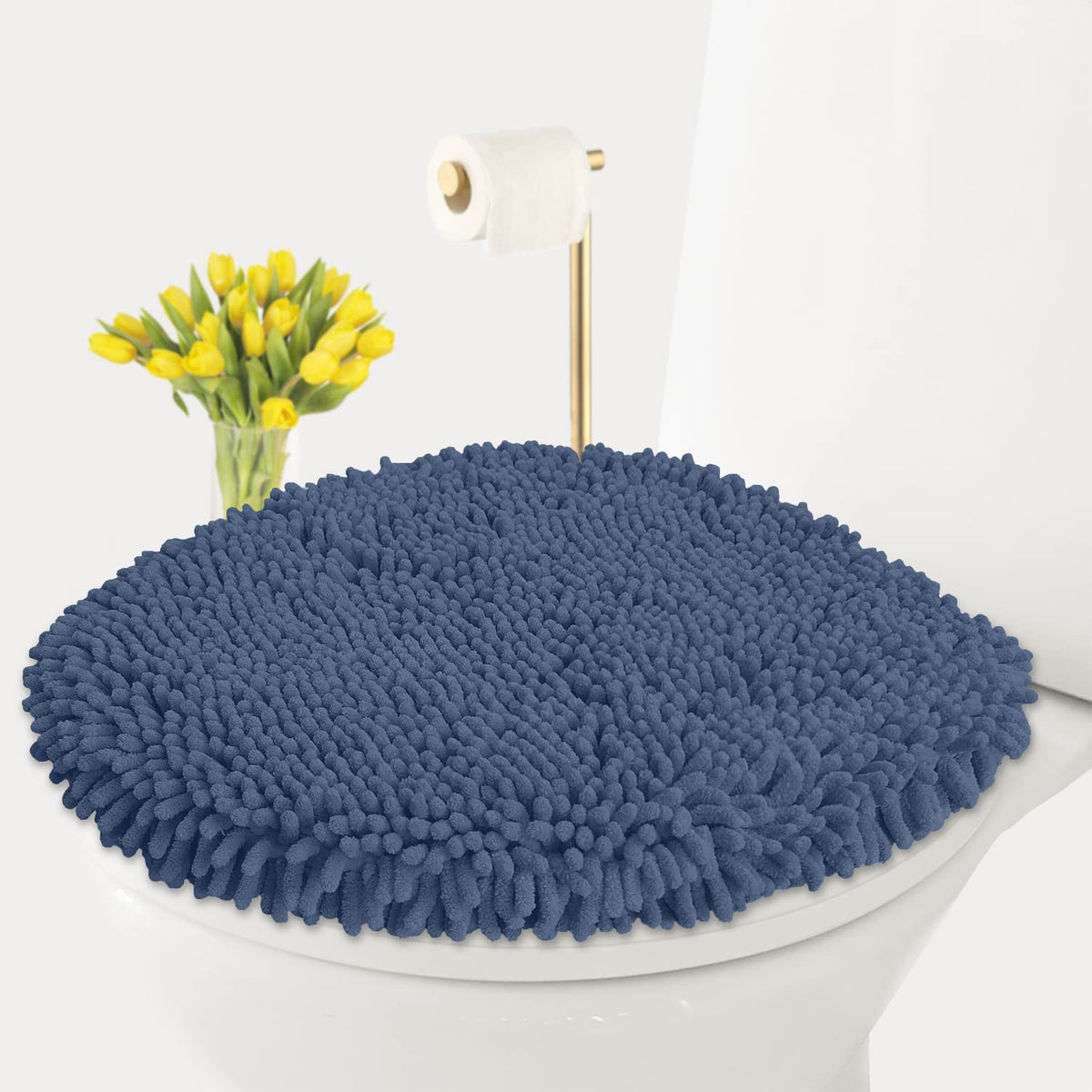 LuxUrux Toilet Lid Cover with Stretch Fit Elastic Band – Chenille Microfiber Toilet Seat Non-Slip Cover for Bathroom – Soft Plush, Machine Wash And Dry, Comfort & Clean Look (18 x 18'', Birch)