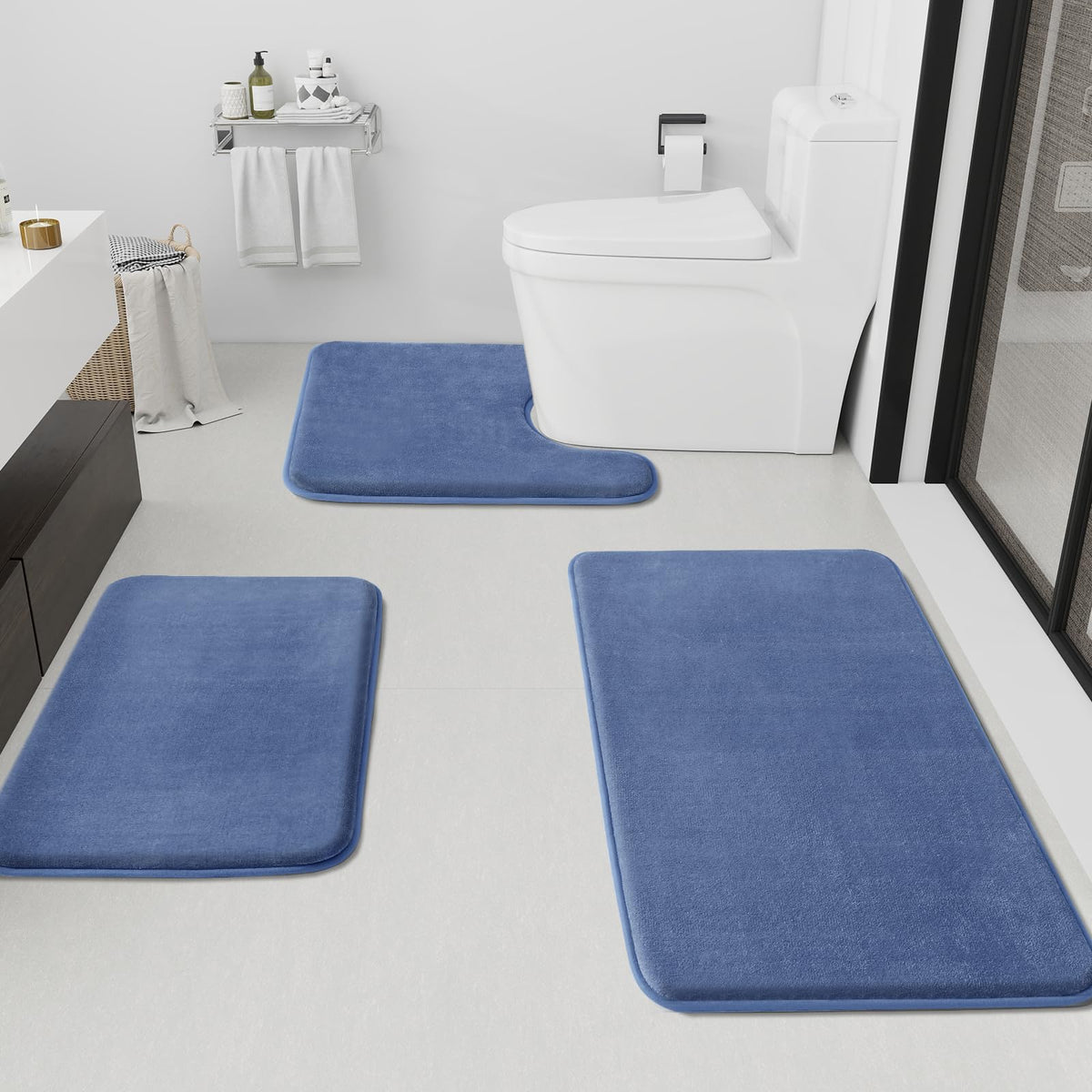 HUXMEYSON Bathroom Rugs Sets 3 Piece, Non-Slip & Quick Dry Bath Mat Set, Ultra Soft Velvet Bath Rugs for Bathroom, Toilet and Shower Floor, Grey