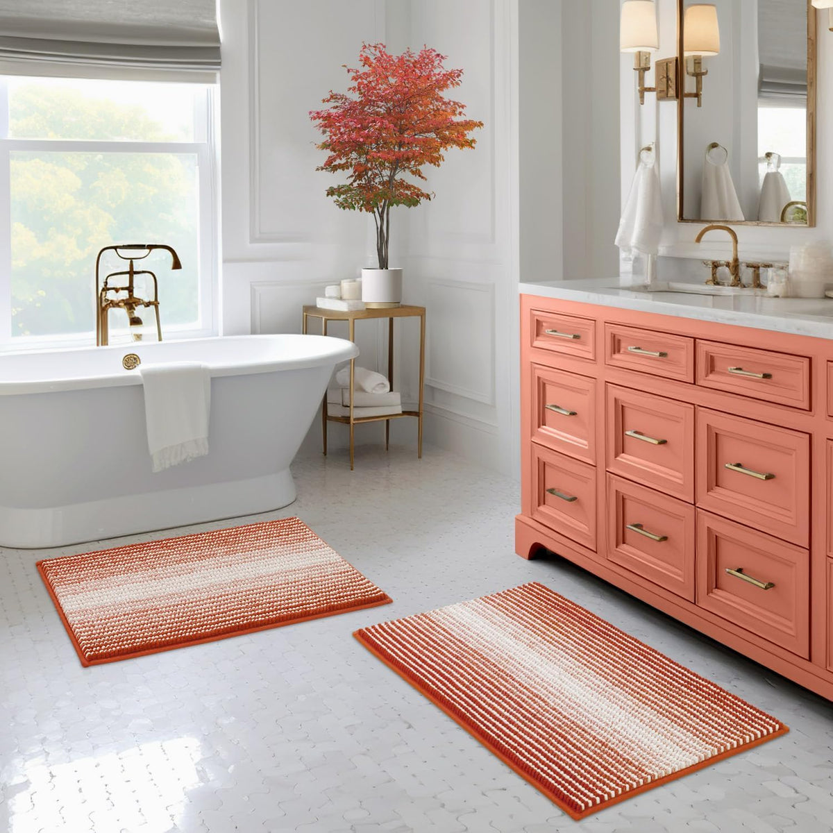 BSICPRO Bathroom Rugs Sets 2 Piece, Non Slip Striped Bath Mats, Sage