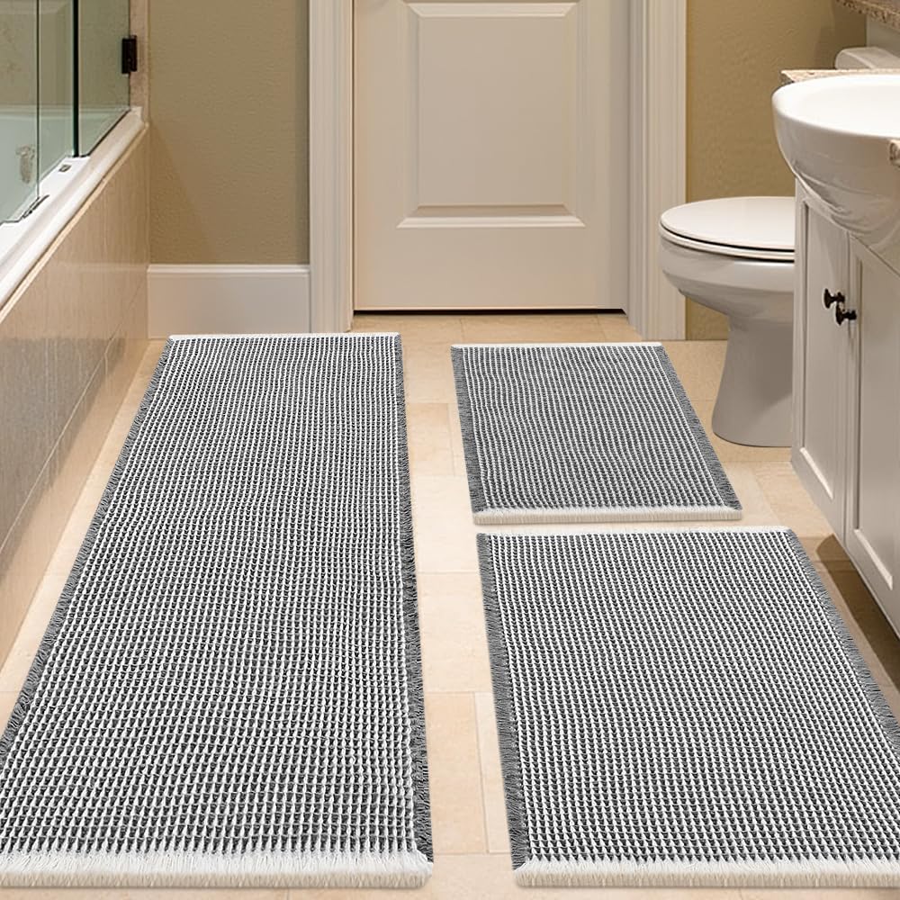 IM HOME Waffle Bath Mat Set 2 Piece Olive Green,Woven Modern Bath Rug Mats, Absorbent Non Slip Bath Floor Mat, Soft Washable Boho Bath Rugs with Tassels for Bathroom, Bedroom, Kitchen,Tub