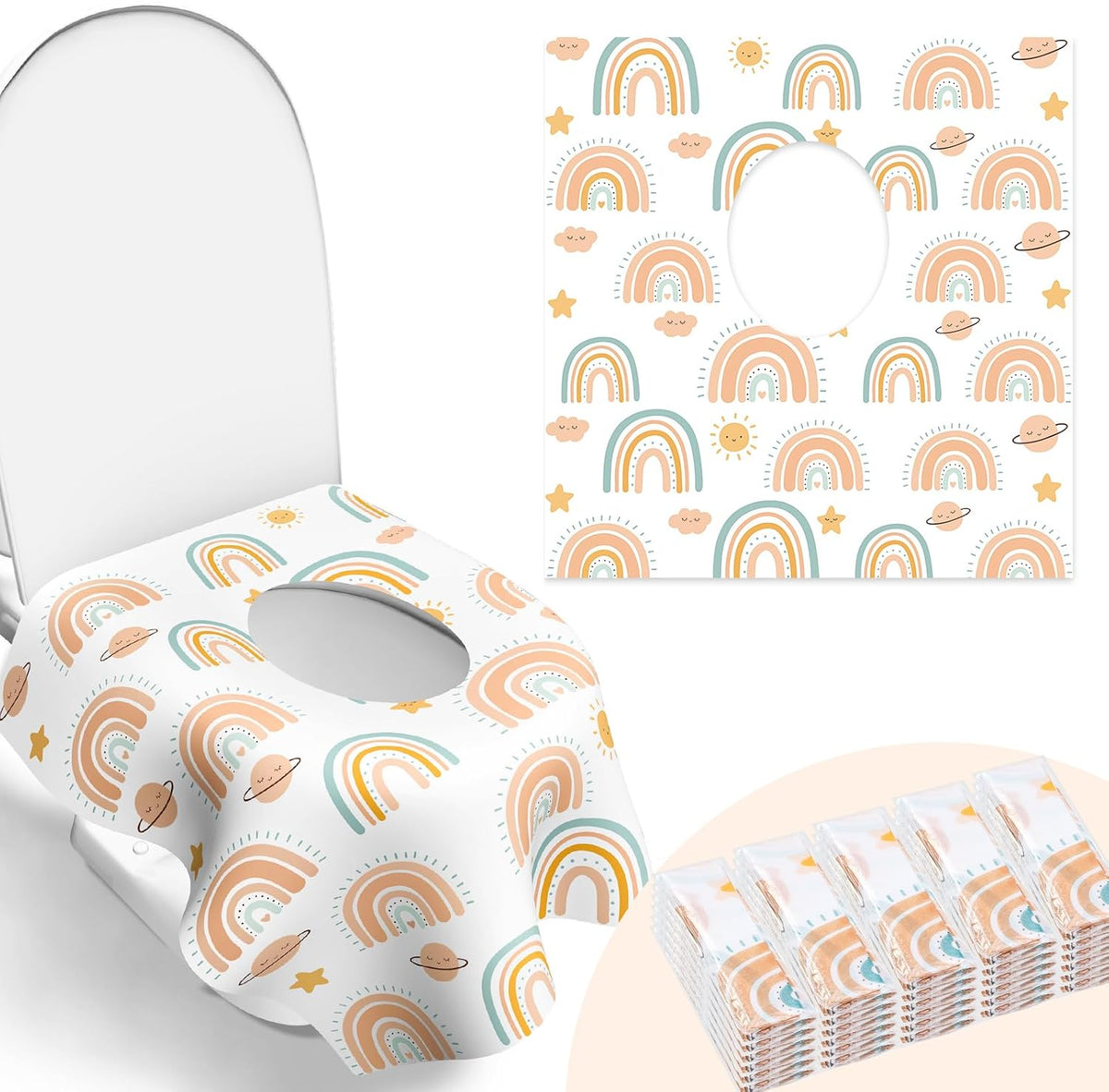 30 Pack Toilet Seat Covers Disposable, Individually Wrapped for Travel, Large Waterproof Potty Covers for Kids and Adults,Toddler Potty Training for Public Restroom, Airplane, Trip - Rainbow