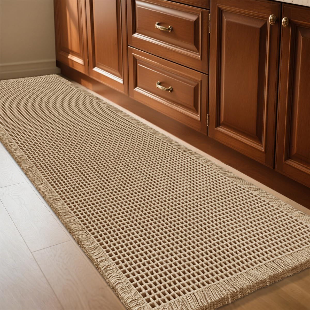 IM HOME Waffle Bath Mat Set 2 Piece Olive Green,Woven Modern Bath Rug Mats, Absorbent Non Slip Bath Floor Mat, Soft Washable Boho Bath Rugs with Tassels for Bathroom, Bedroom, Kitchen,Tub