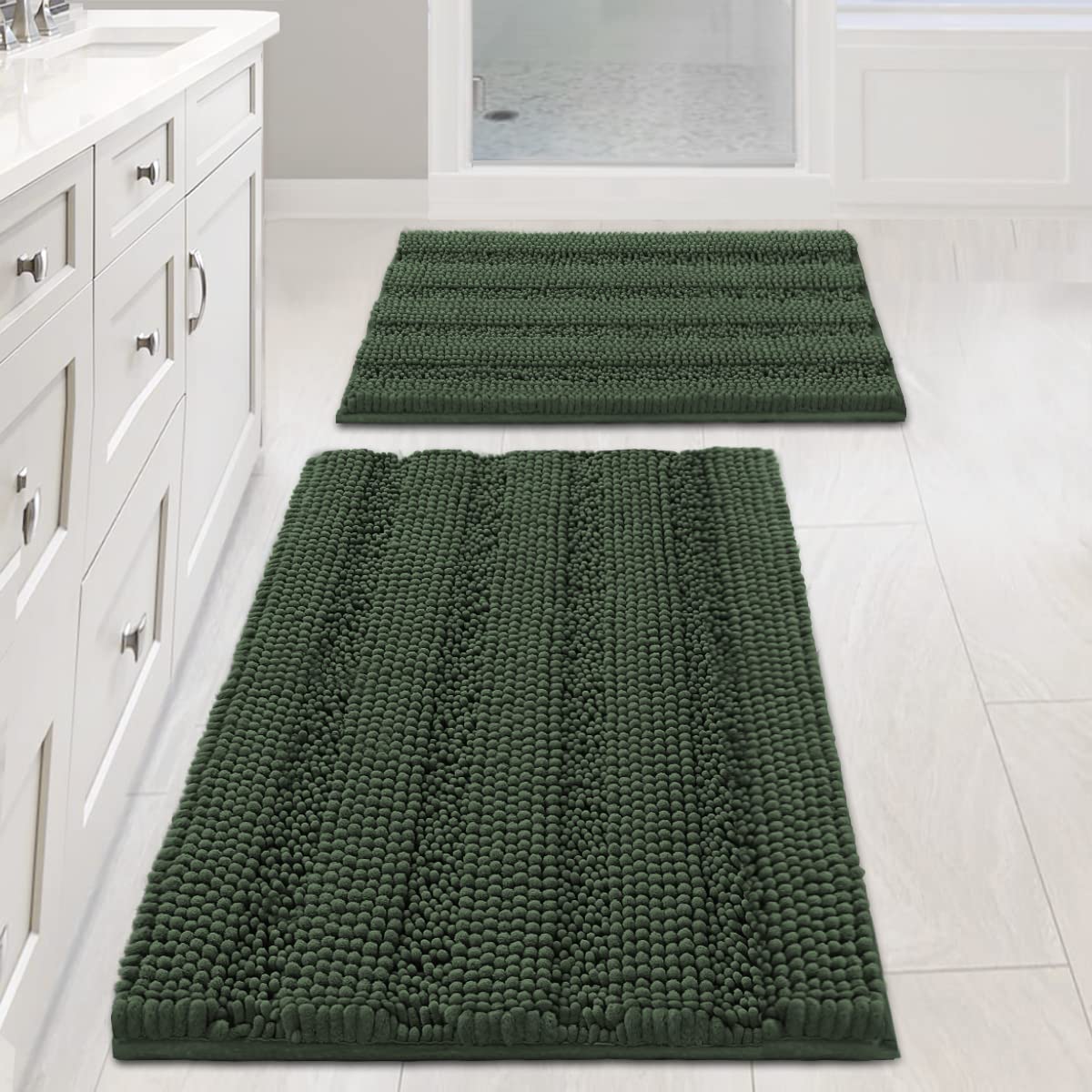 H.VERSAILTEX Sage Bathroom Rugs, Bath Mat Set of 2 Extra Thick Chenille Striped Pattern Shaggy Bath Rugs for Bath Room, Non Skid Bath Mats for Bathroom Floor (32 x 20 Plus 24 x 17 - Inches)