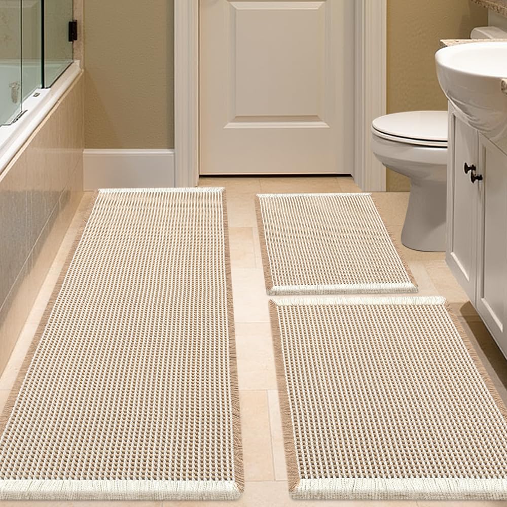IM HOME Waffle Bath Mat Set 2 Piece Olive Green,Woven Modern Bath Rug Mats, Absorbent Non Slip Bath Floor Mat, Soft Washable Boho Bath Rugs with Tassels for Bathroom, Bedroom, Kitchen,Tub