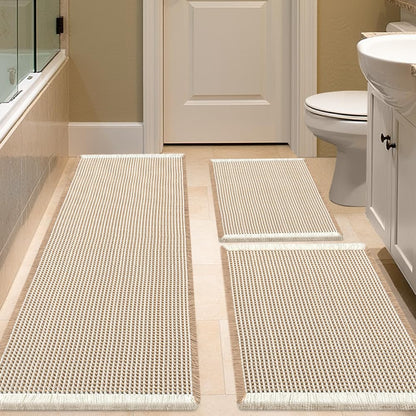 IM HOME Waffle Bath Mat Set 2 Piece Olive Green,Woven Modern Bath Rug Mats, Absorbent Non Slip Bath Floor Mat, Soft Washable Boho Bath Rugs with Tassels for Bathroom, Bedroom, Kitchen,Tub