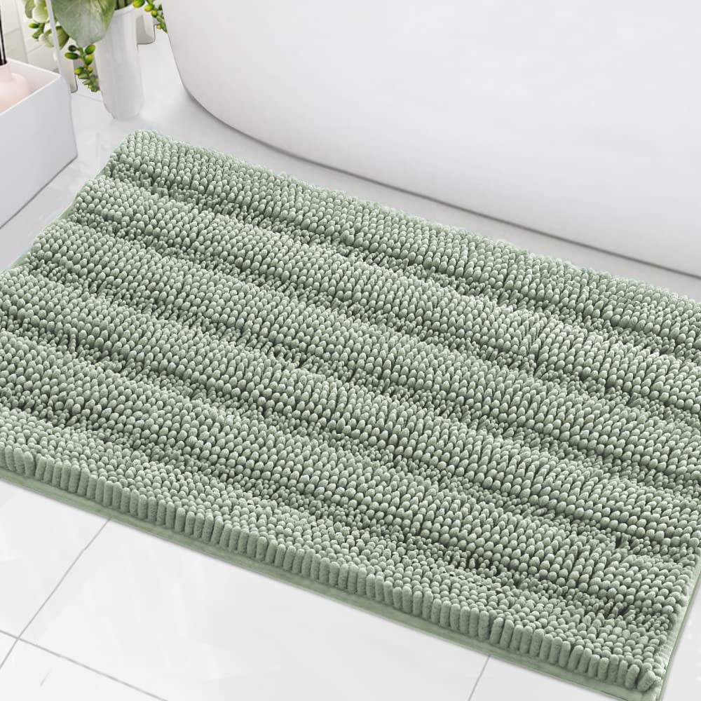 H.VERSAILTEX Bath Rugs for Bathroom Non Slip Bath Mats Extra Thick Chenille Striped Rug 20" x 32" Absorbent Non Skid Fluffy Soft Shaggy Washable Dry Fast Plush Mat for Indoor, Bath Room, Tub - Sage