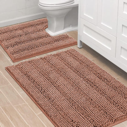H.VERSAILTEX Sage Bathroom Rugs, Bath Mat Set of 2 Extra Thick Chenille Striped Pattern Shaggy Bath Rugs for Bath Room, Non Skid Bath Mats for Bathroom Floor (32 x 20 Plus 24 x 17 - Inches)