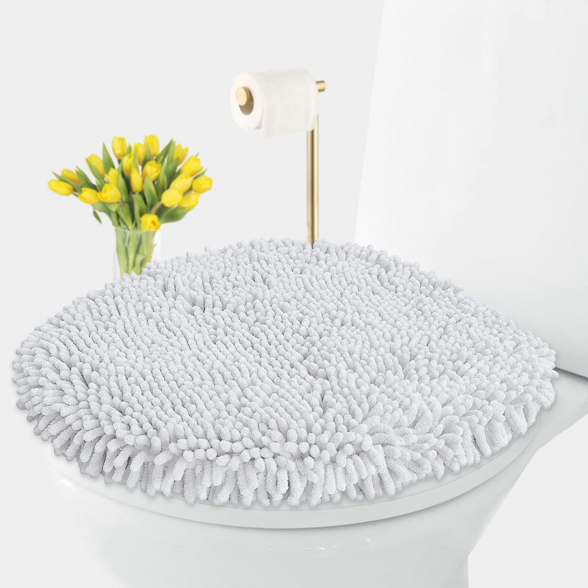 LuxUrux Toilet Lid Cover with Stretch Fit Elastic Band – Chenille Microfiber Toilet Seat Non-Slip Cover for Bathroom – Soft Plush, Machine Wash And Dry, Comfort & Clean Look (18 x 18'', Birch)