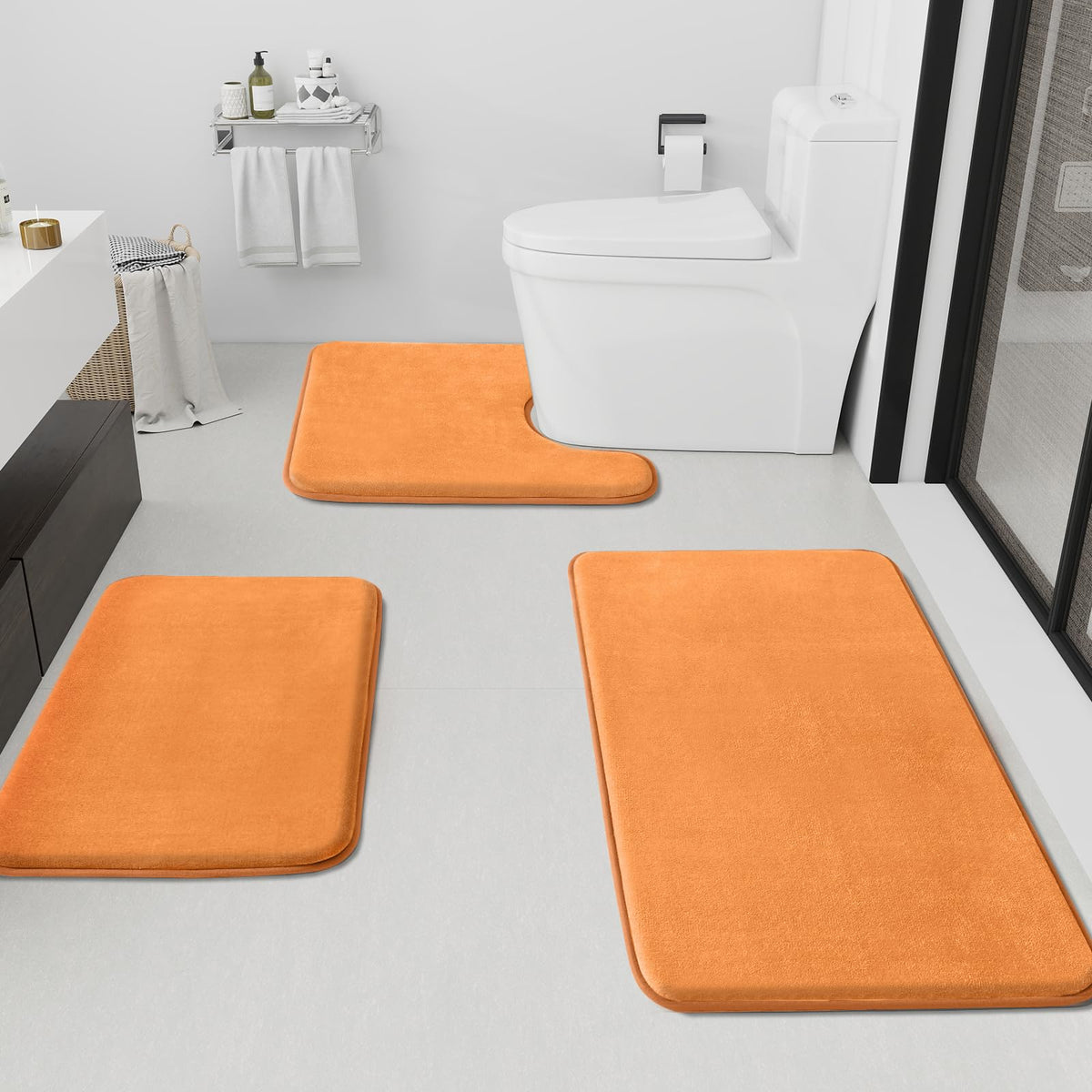 HUXMEYSON Bathroom Rugs Sets 3 Piece, Non-Slip & Quick Dry Bath Mat Set, Ultra Soft Velvet Bath Rugs for Bathroom, Toilet and Shower Floor, Grey