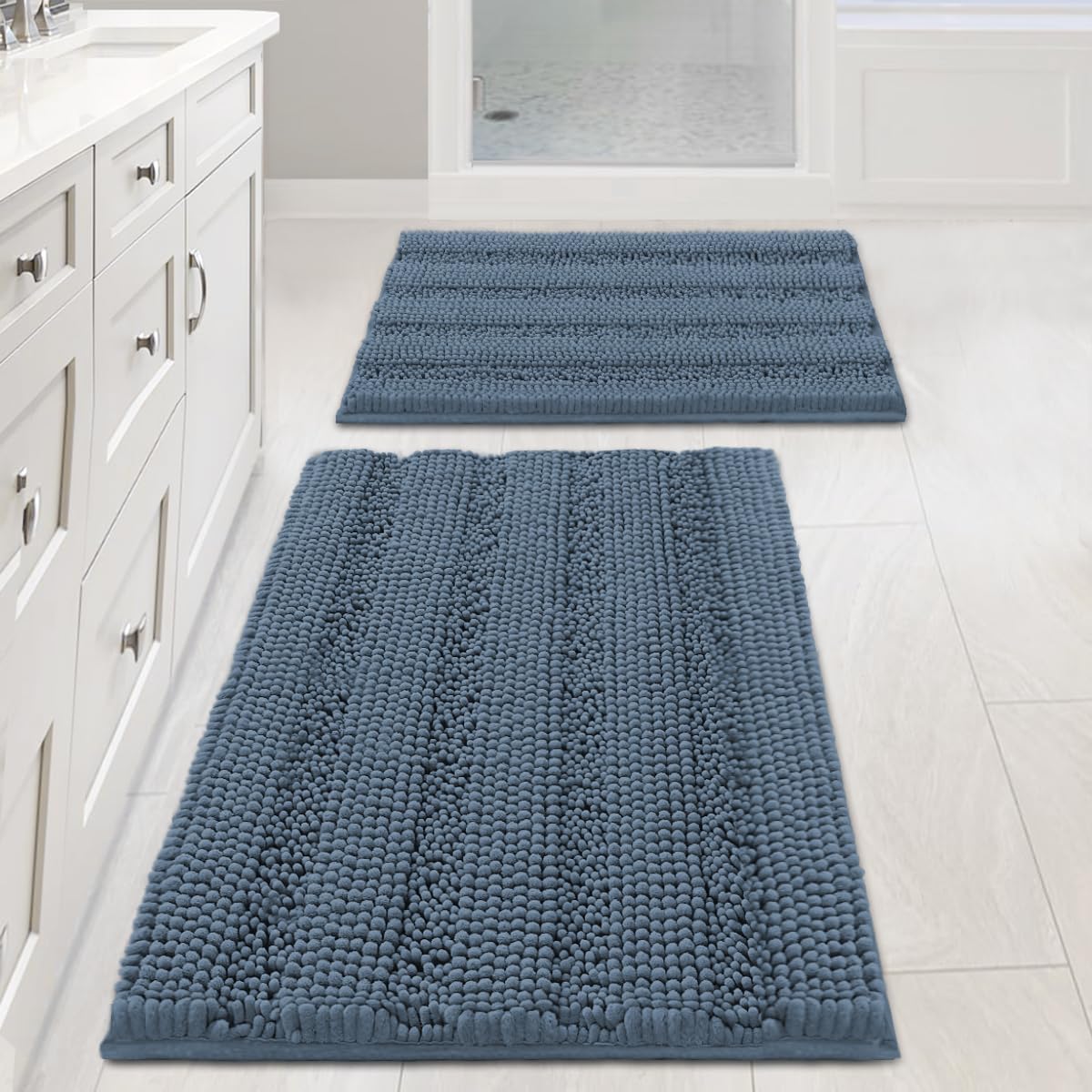 H.VERSAILTEX Bath Rugs for Bathroom Non Slip Bath Mats Extra Thick Chenille Striped Rug 20" x 32" Absorbent Non Skid Fluffy Soft Shaggy Washable Dry Fast Plush Mat for Indoor, Bath Room, Tub - Sage
