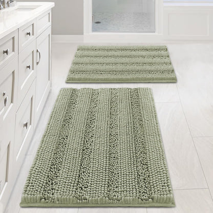H.VERSAILTEX Bath Rugs for Bathroom Non Slip Bath Mats Extra Thick Chenille Striped Rug 20" x 32" Absorbent Non Skid Fluffy Soft Shaggy Washable Dry Fast Plush Mat for Indoor, Bath Room, Tub - Sage