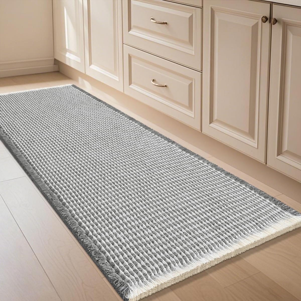 IM HOME Waffle Bath Mat Set 2 Piece Olive Green,Woven Modern Bath Rug Mats, Absorbent Non Slip Bath Floor Mat, Soft Washable Boho Bath Rugs with Tassels for Bathroom, Bedroom, Kitchen,Tub