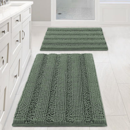 H.VERSAILTEX Bath Rugs for Bathroom Non Slip Bath Mats Extra Thick Chenille Striped Rug 20" x 32" Absorbent Non Skid Fluffy Soft Shaggy Washable Dry Fast Plush Mat for Indoor, Bath Room, Tub - Sage