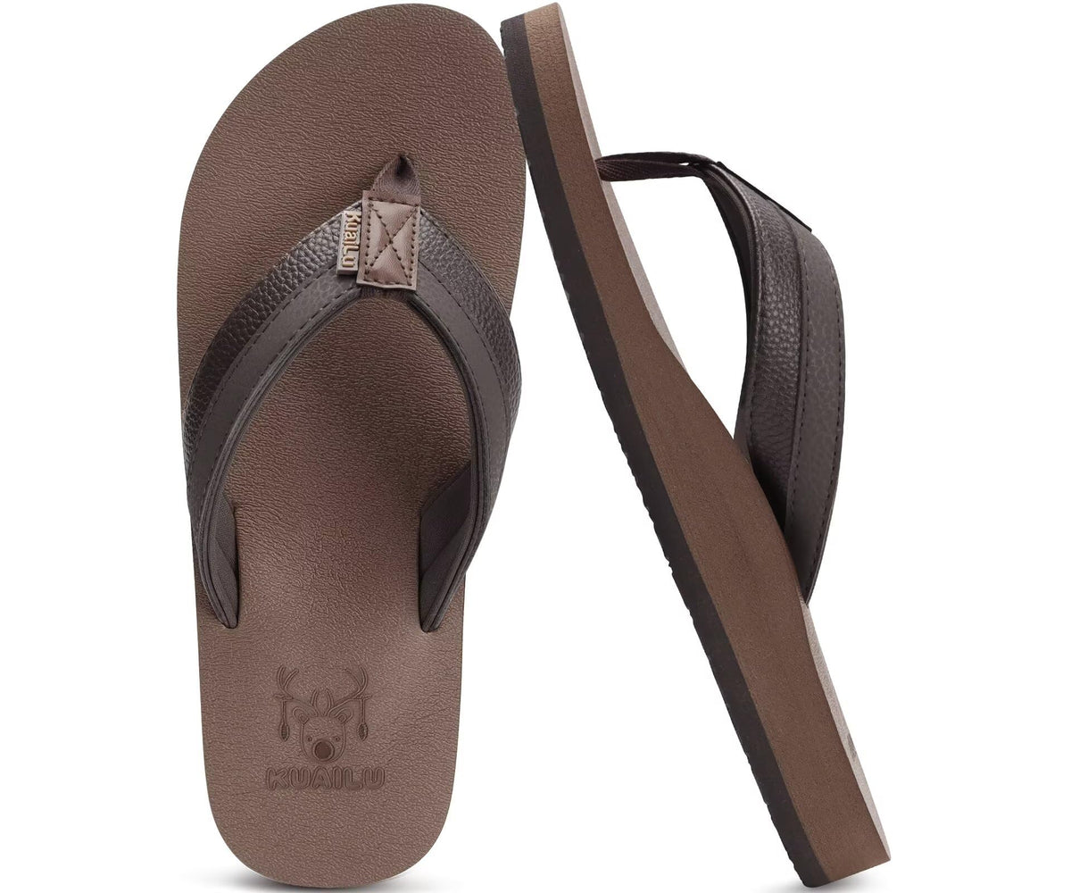 KuaiLu Mens Faux Leather Flip Flops with Comfortable Arch Support
