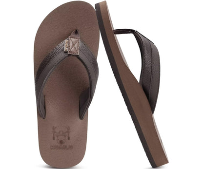 KuaiLu Mens Faux Leather Flip Flops with Comfortable Arch Support