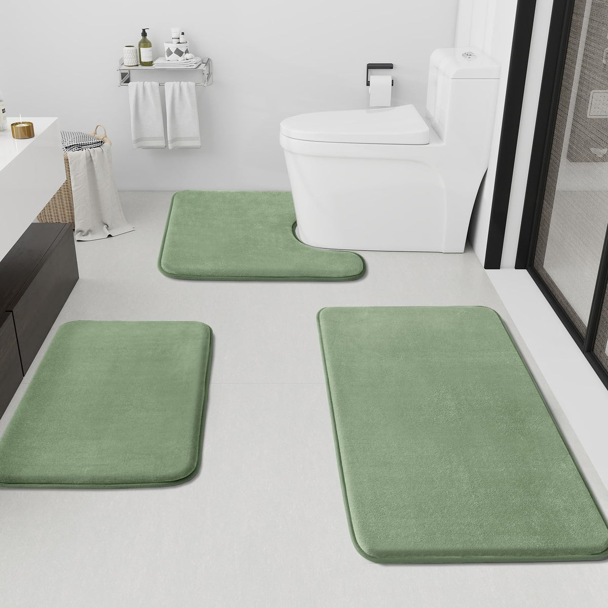 HUXMEYSON Bathroom Rugs Sets 3 Piece, Non-Slip & Quick Dry Bath Mat Set, Ultra Soft Velvet Bath Rugs for Bathroom, Toilet and Shower Floor, Grey