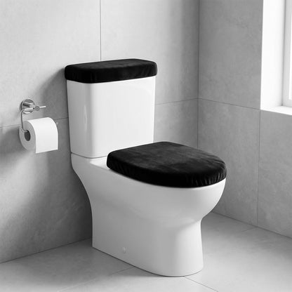 Toilet Seat Lid Cover, Mabor 2 Pcs Black Toilet Lid Covers, Elastic Bottom Tank Shroud, Stretchy Washable Top Mat Cloth Set for Bathroom